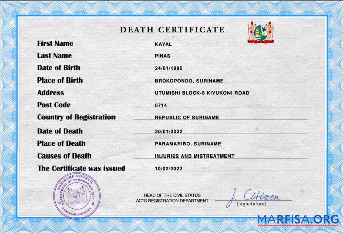 Printable Suriname vital record death certificate PSD template